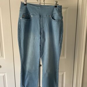 Kim Gravel Women’s Light Blue Stretch Pull-On Jeans with pearl design